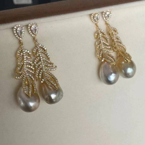 12-14mm White South Sea Baroque Pearl & Feather Earrings - House Of Pearls